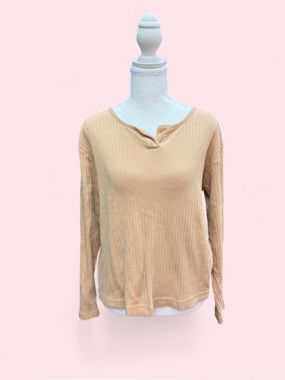 Vintage Bay Studio Ribbed Long-Sleeve Henley Top - Beige